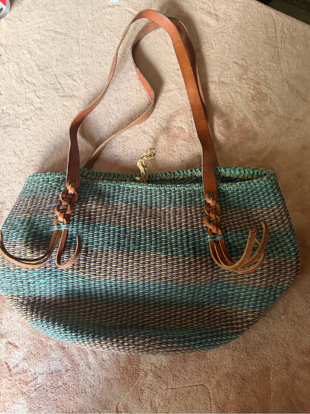 Ralph Lauren Striped Woven Tote in Teal and Brown with Leather Handles